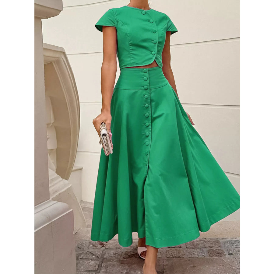 Cap Sleeve Button-Down Crop Top and Midi Skirt Set Green / S Apparel and Accessories