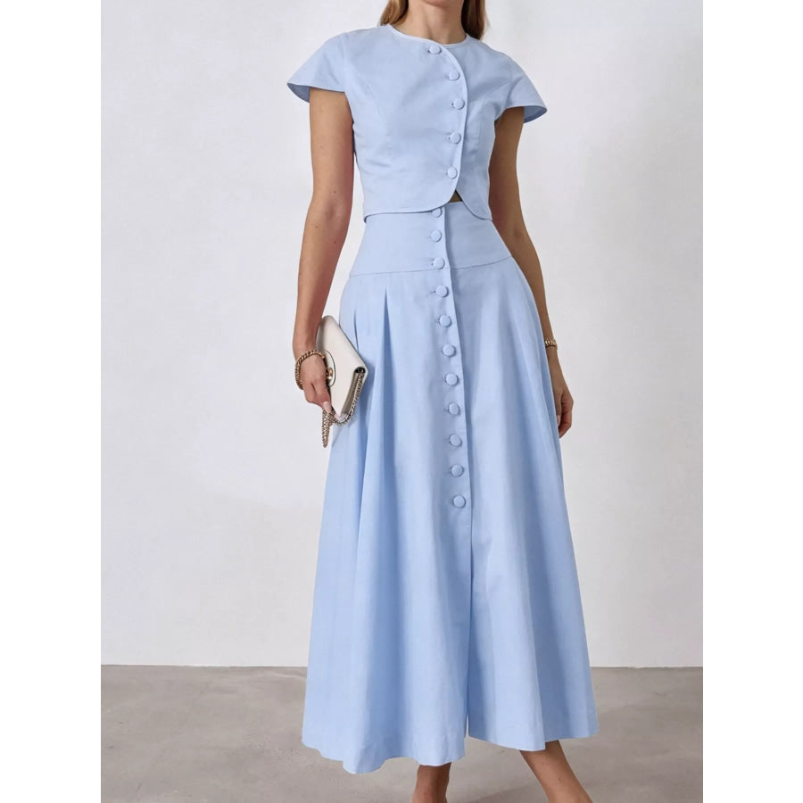 Cap Sleeve Button-Down Crop Top and Midi Skirt Set Light Blue / S Apparel and Accessories