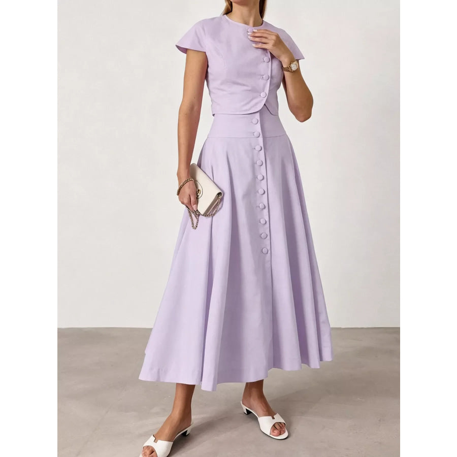 Cap Sleeve Button-Down Crop Top and Midi Skirt Set Light Purple / S Apparel and Accessories