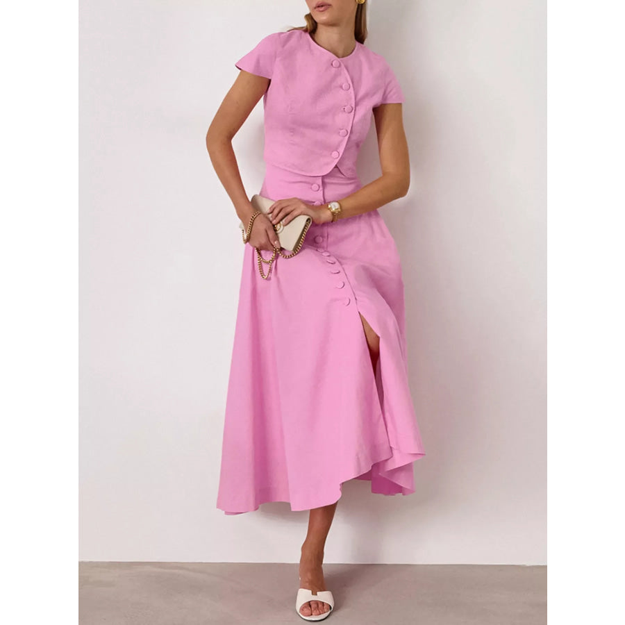 Cap Sleeve Button-Down Crop Top and Midi Skirt Set Pink / S Apparel and Accessories