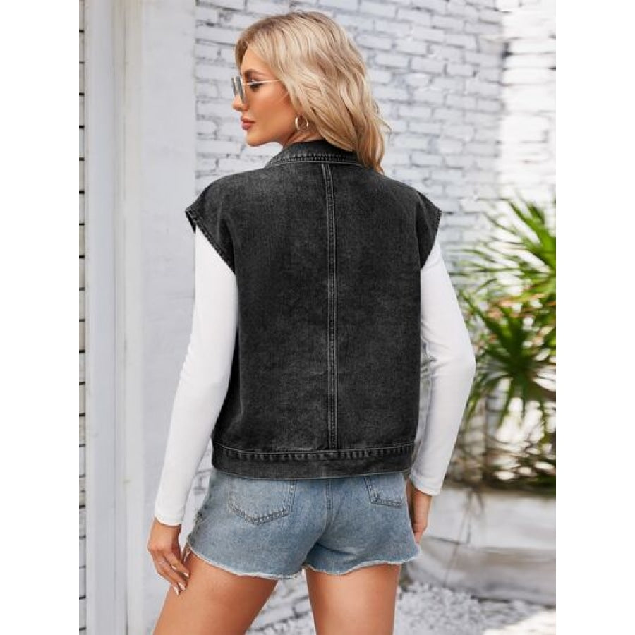 Cap Sleeve Denim Jacket with Pockets Black / S Apparel and Accessories