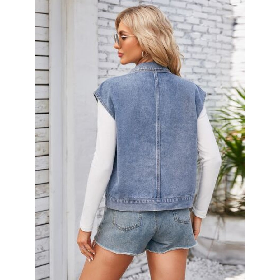 Cap Sleeve Denim Jacket with Pockets Apparel and Accessories