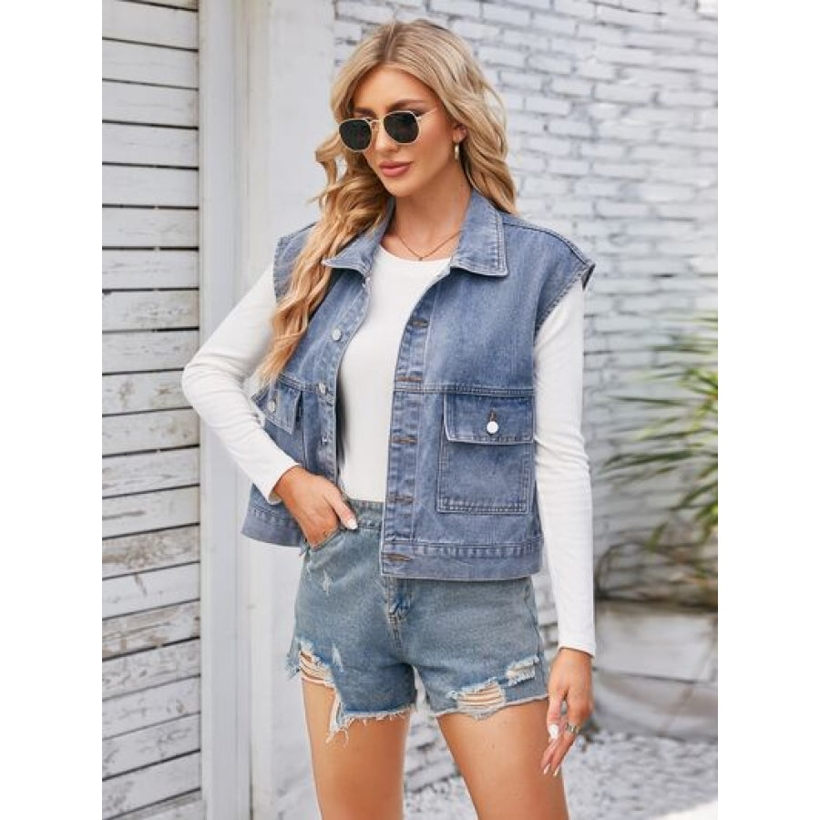 Cap Sleeve Denim Jacket with Pockets Dusty Blue / S Apparel and Accessories