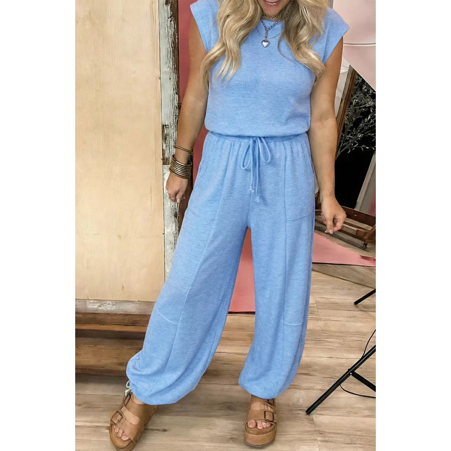 Cap Sleeve Matching Top and Jogger Pants Set Light Blue / S Apparel and Accessories