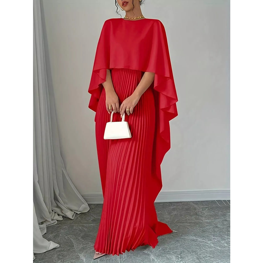 Cape Pleated Maxi Dress Red / S Apparel and Accessories