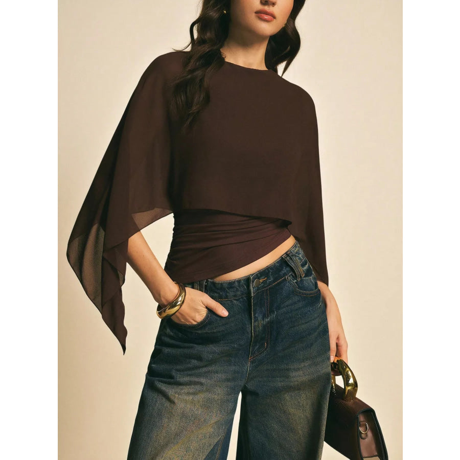 Cape Sleeve Chiffon Top Brown / S Apparel and Accessories
