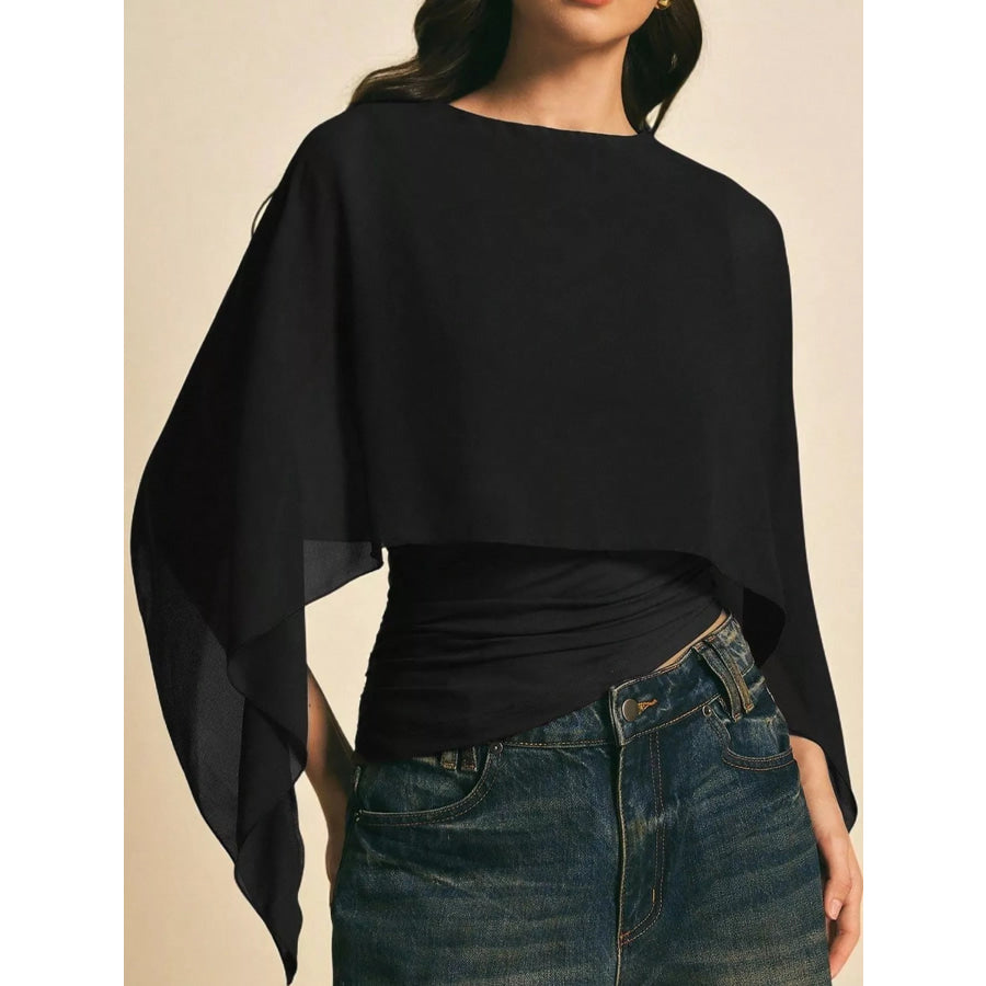 Cape Sleeve Round Neck Blouse Black / S Apparel and Accessories