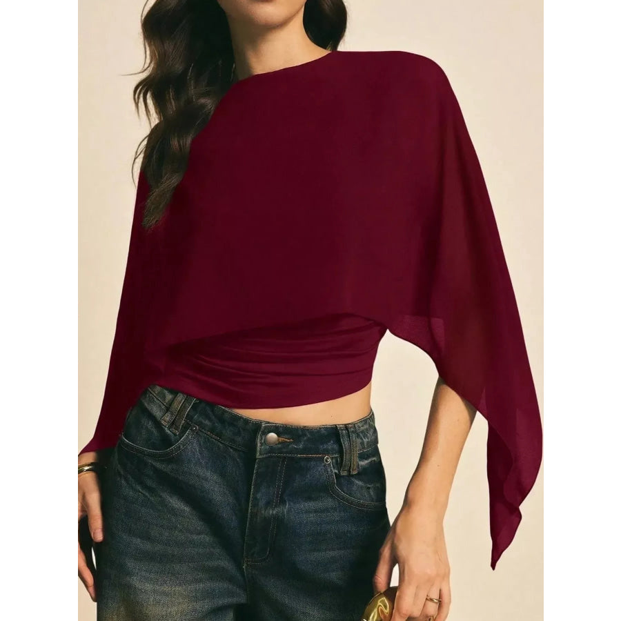 Cape Sleeve Round Neck Blouse Burgundy / S Apparel and Accessories
