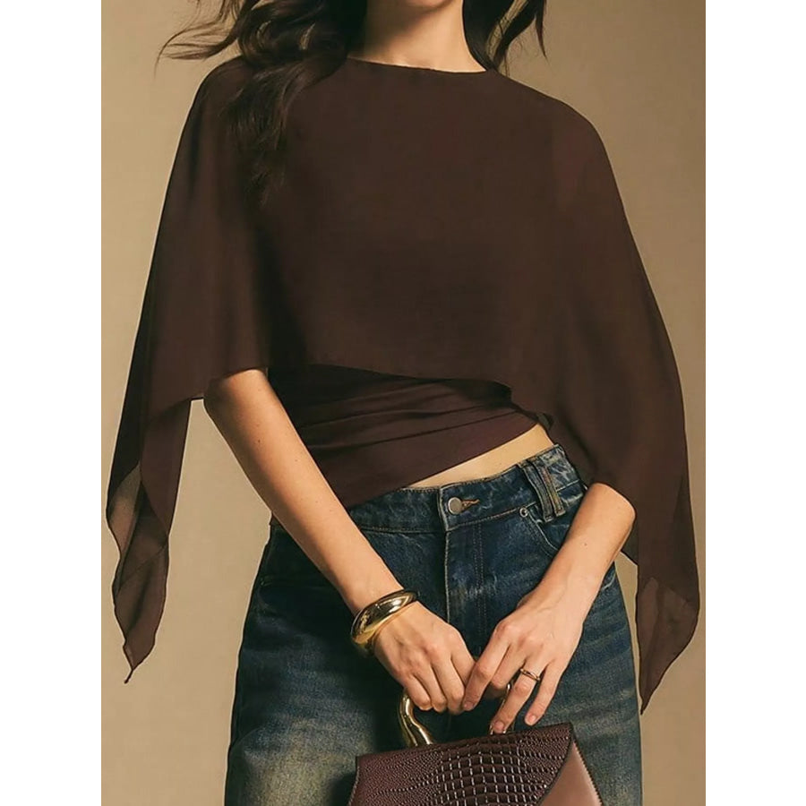 Cape Sleeve Round Neck Blouse Coffee / S Apparel and Accessories