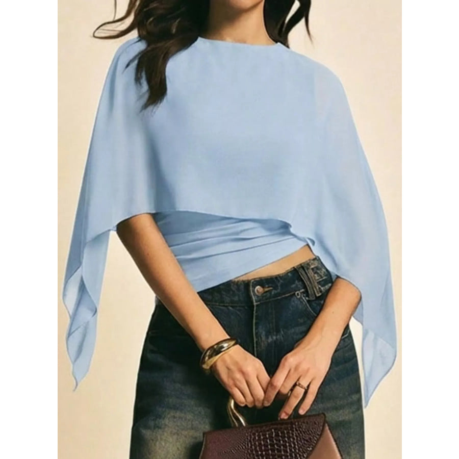 Cape Sleeve Round Neck Blouse Light Blue / S Apparel and Accessories