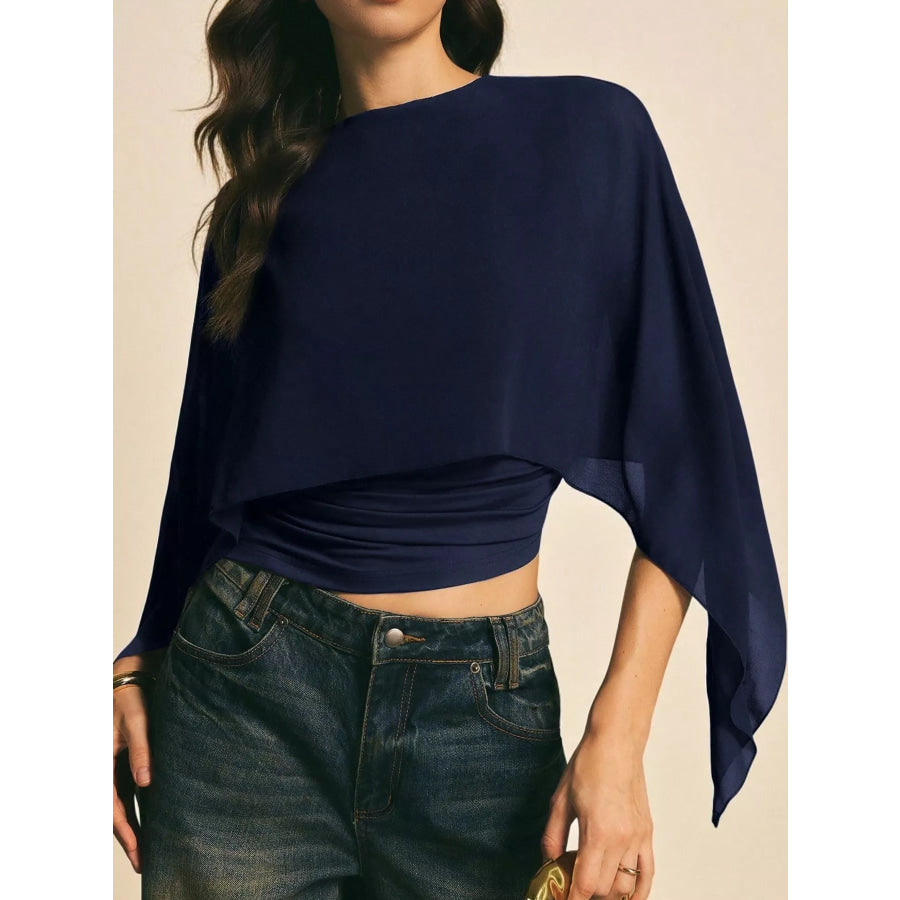 Cape Sleeve Round Neck Blouse Navy / S Apparel and Accessories