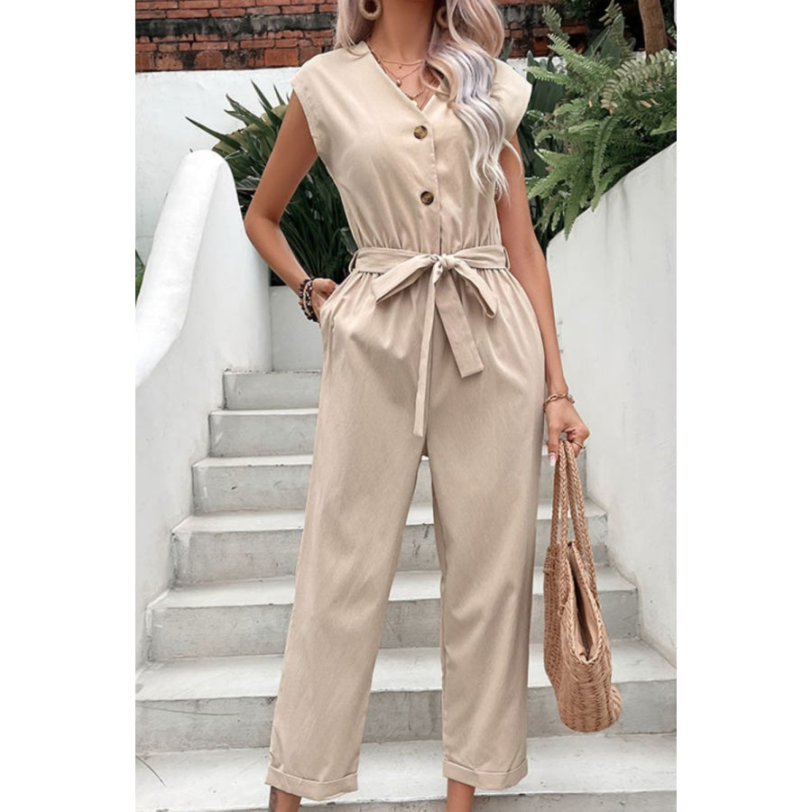 Capped Sleeve Belted V-Neck Jumpsuit Sand / S