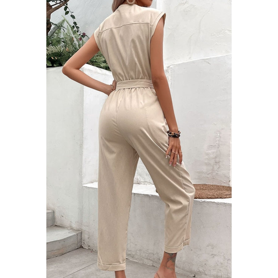 Capped Sleeve Belted V-Neck Jumpsuit