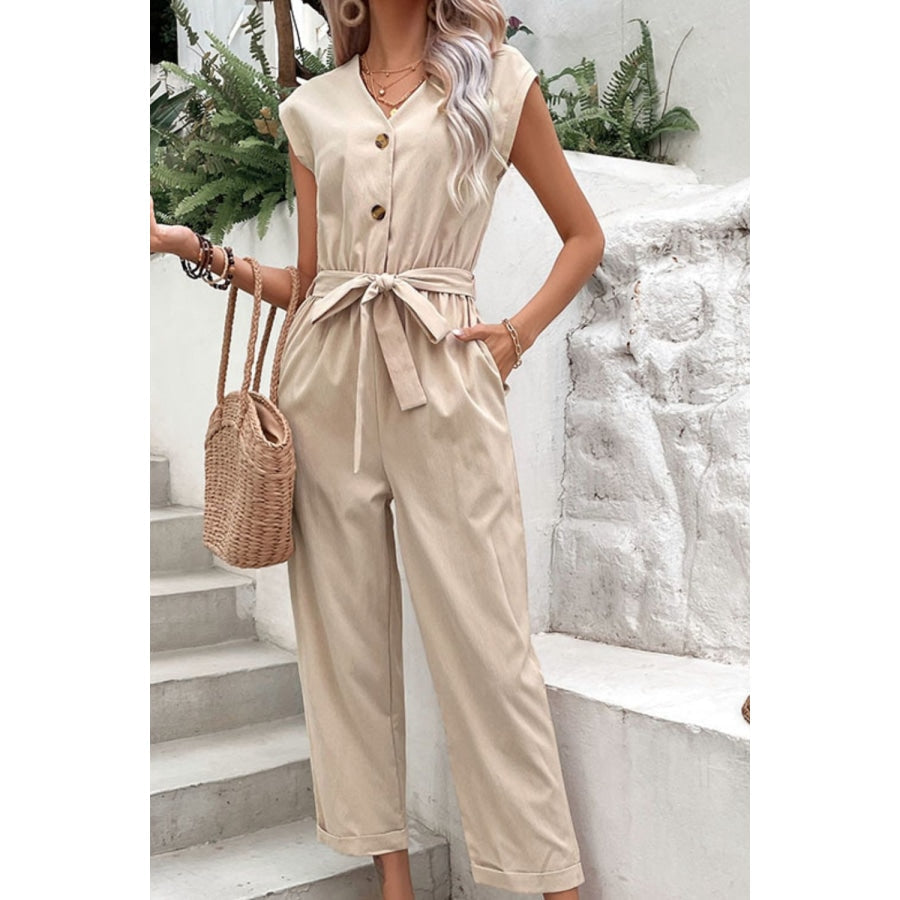 Capped Sleeve Belted V-Neck Jumpsuit