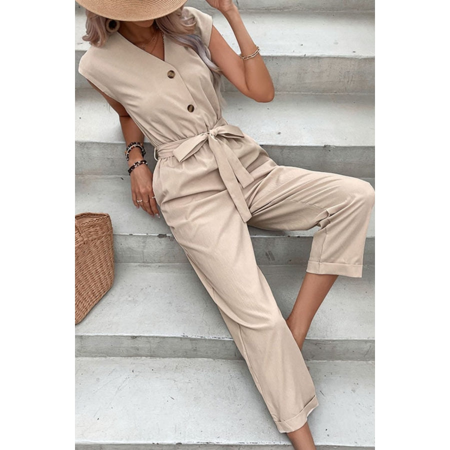 Capped Sleeve Belted V-Neck Jumpsuit