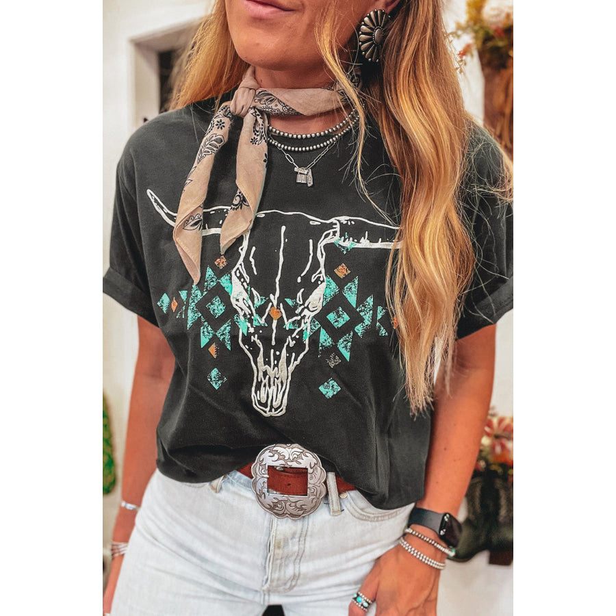 Carbon Grey Vintage Western Bull Head Skull Turquoise Aztec Graphic T Shirt Carbon Grey / S / 95% Cotton + 5% Elastane Tops/Tops & Tees