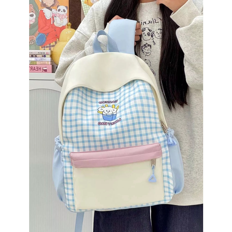 Cartoon Gingham Backpack Bag Blue / One Size Apparel and Accessories