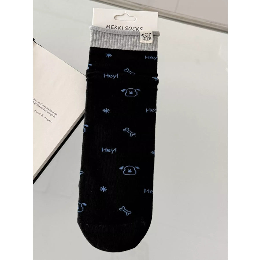 Cartoon Print Cotton Crew Socks Black / One Size Apparel and Accessories