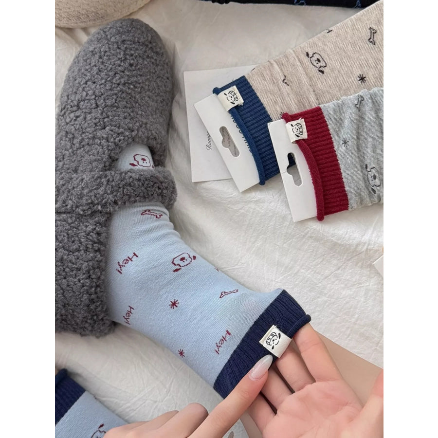 Cartoon Print Cotton Crew Socks Blue / One Size Apparel and Accessories