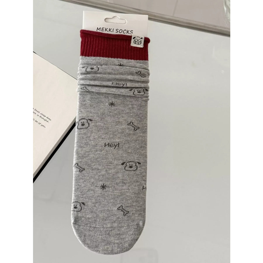 Cartoon Print Cotton Crew Socks Gray / One Size Apparel and Accessories