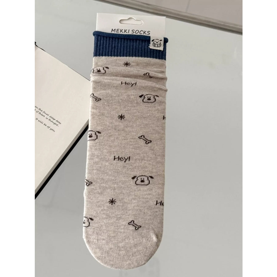 Cartoon Print Cotton Crew Socks Khaki / One Size Apparel and Accessories