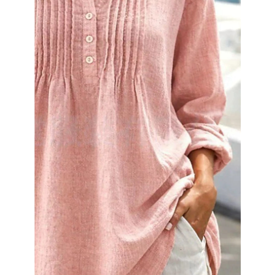 Casual Button Detail Long Sleeve Linen Shirt Apparel and Accessories