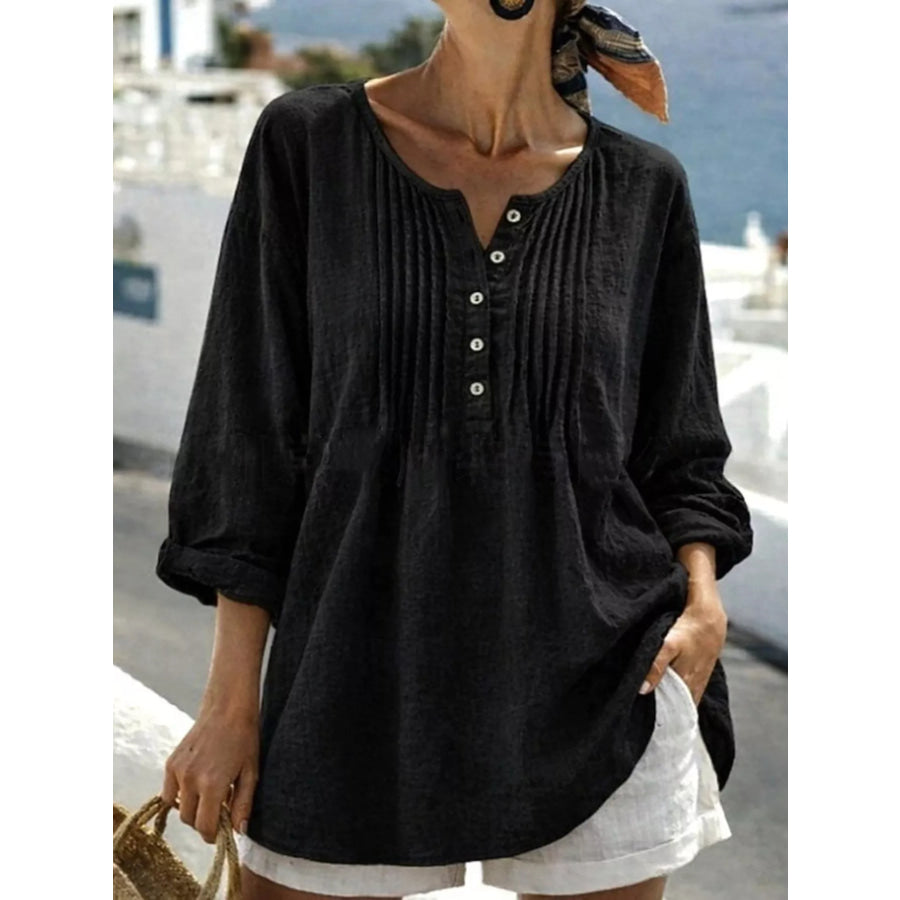 Casual Button Detail Long Sleeve Linen Shirt Black / S Apparel and Accessories