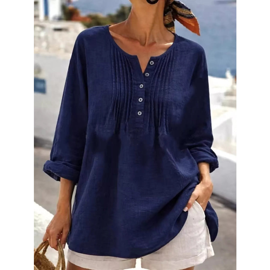 Casual Button Detail Long Sleeve Linen Shirt Navy / S Apparel and Accessories