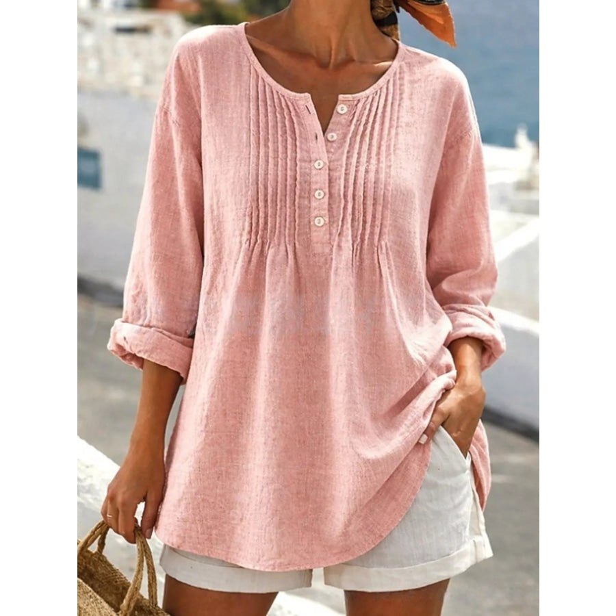Casual Button Detail Long Sleeve Linen Shirt Pink / S Apparel and Accessories
