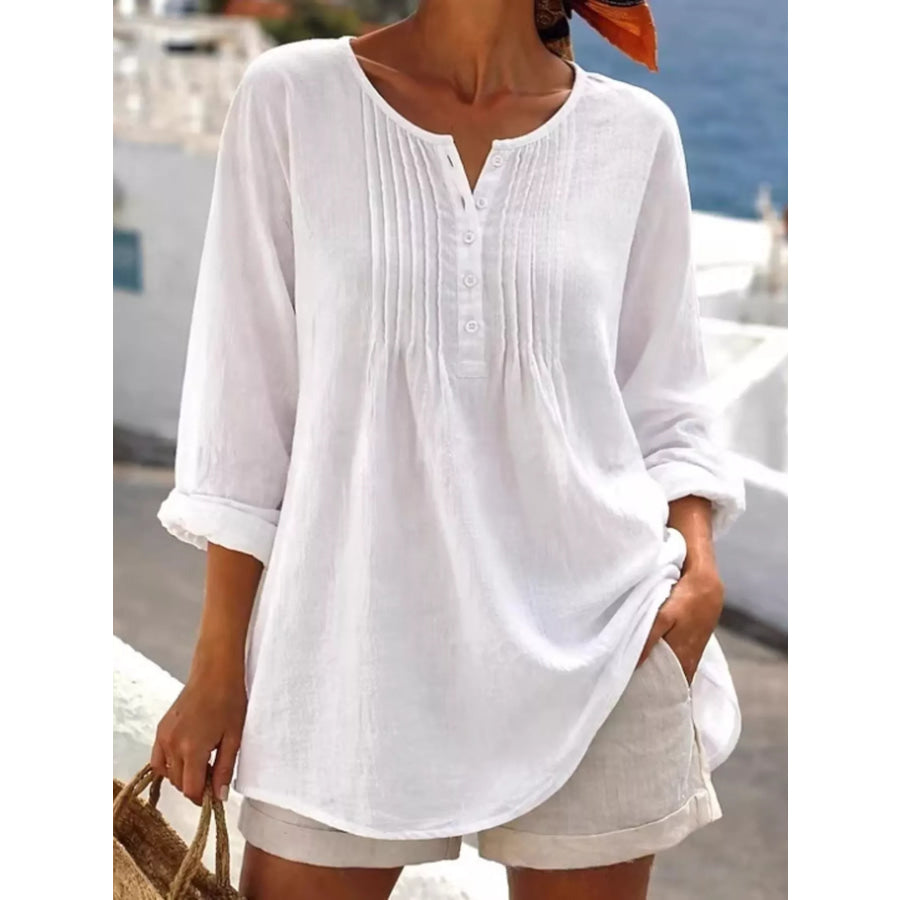Casual Button Detail Long Sleeve Linen Shirt White / S Apparel and Accessories