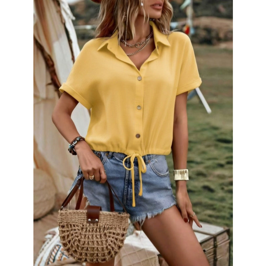 Casual Button-Down Drawstring Hem Shirt Apparel and Accessories