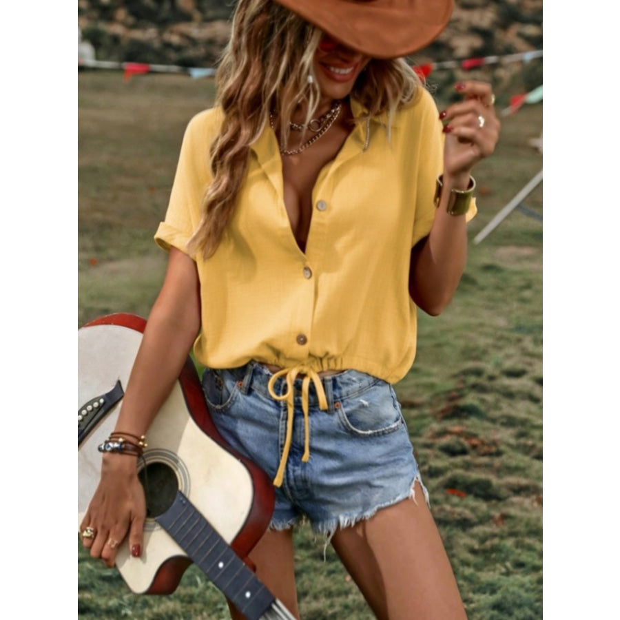 Casual Button-Down Drawstring Hem Shirt Apparel and Accessories