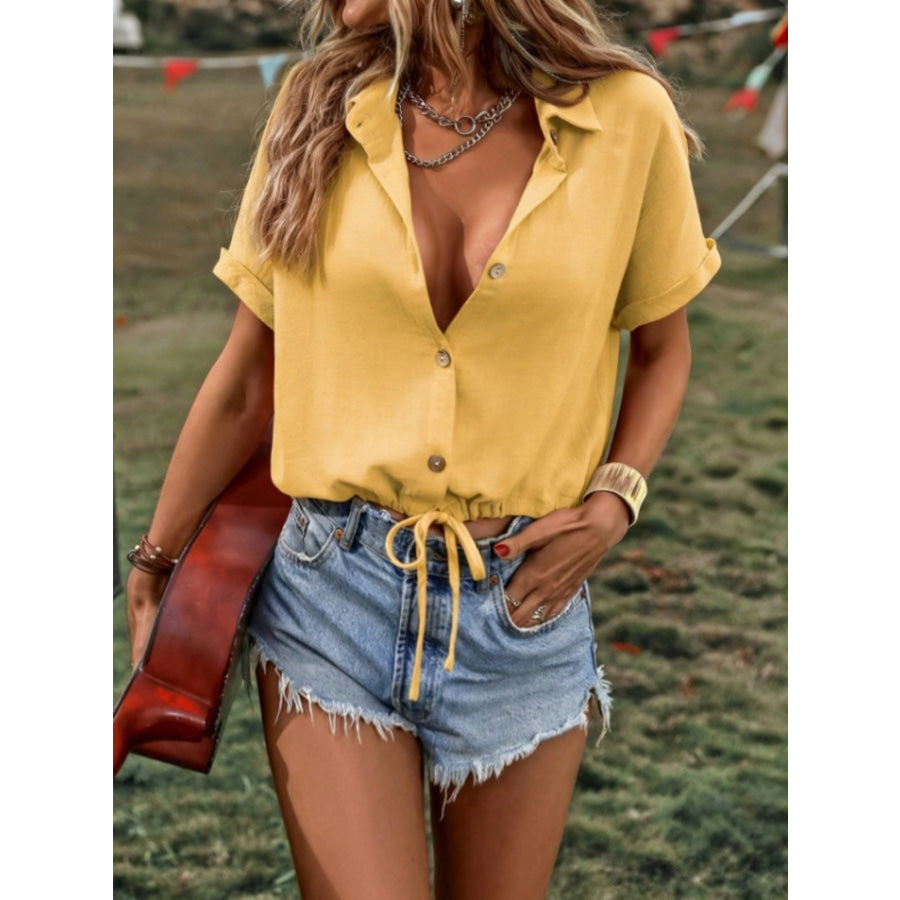 Casual Button-Down Drawstring Hem Shirt Apparel and Accessories