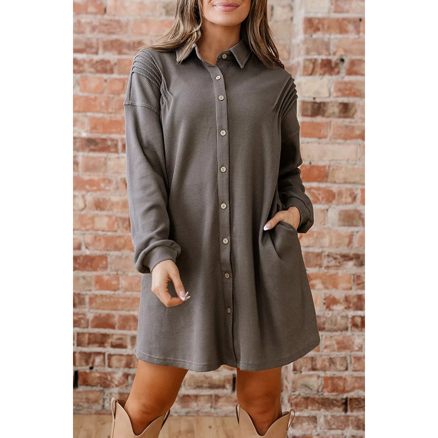 Casual Button-Down Dress with Pockets Dark Gray / S Apparel and Accessories