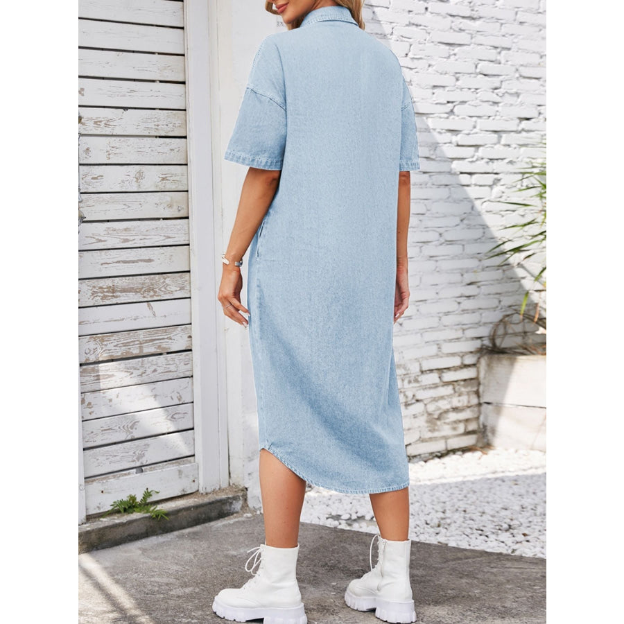 Casual Button-Down Half Sleeve Denim Dress Apparel and Accessories