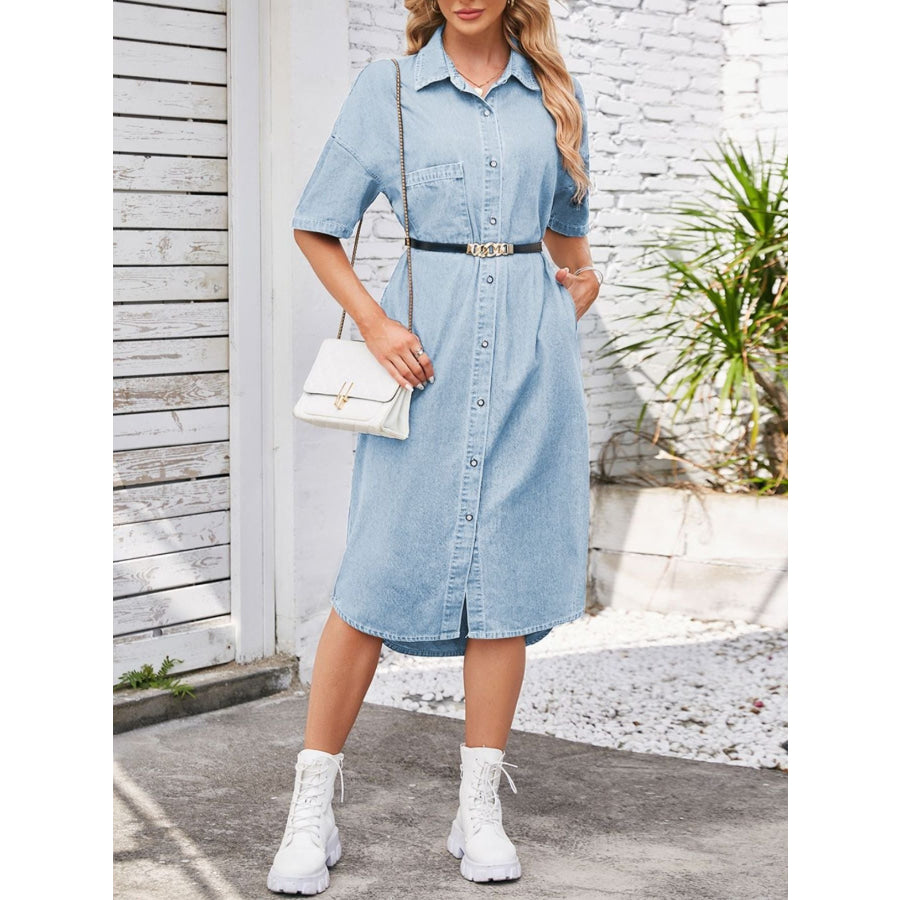 Casual Button-Down Half Sleeve Denim Dress Apparel and Accessories