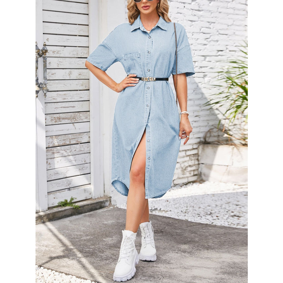 Casual Button-Down Half Sleeve Denim Dress Apparel and Accessories