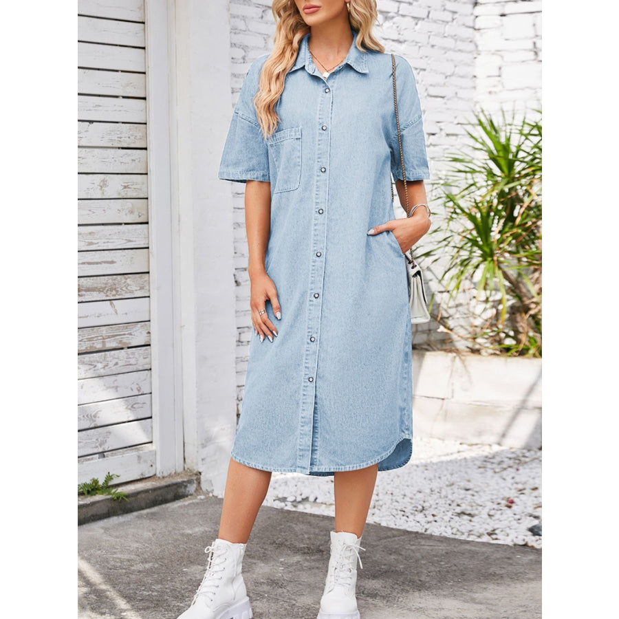 Casual Button-Down Half Sleeve Denim Dress Light Blue / S Apparel and Accessories