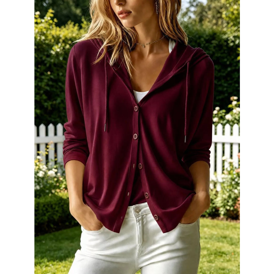 Casual Button-Down Hooded Cardigan Burgundy / S Apparel and Accessories