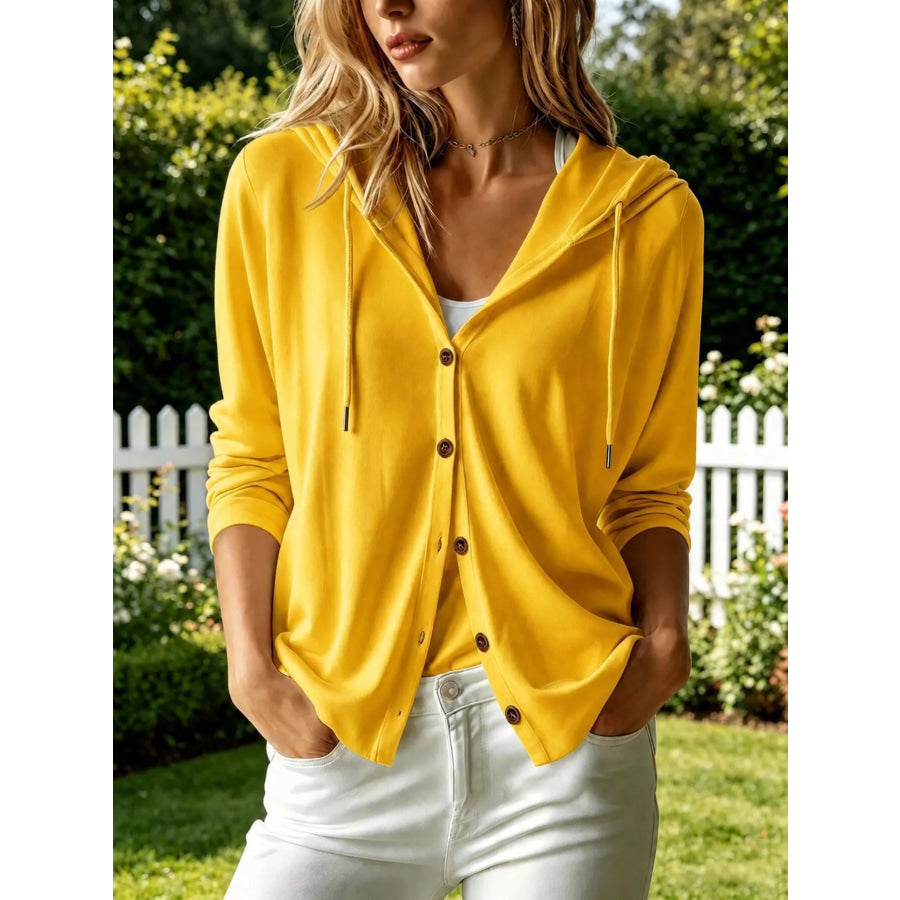 Casual Button-Down Hooded Cardigan Yellow / S Apparel and Accessories