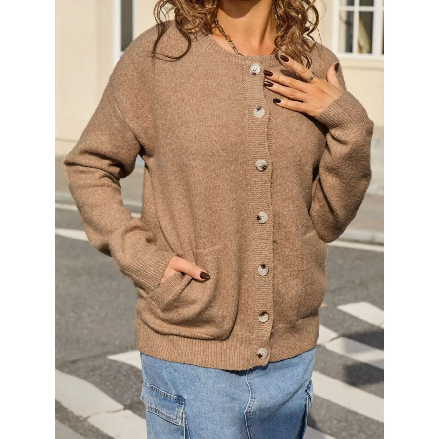 Casual Button-Down Knit Cardigan Khaki / S Apparel and Accessories