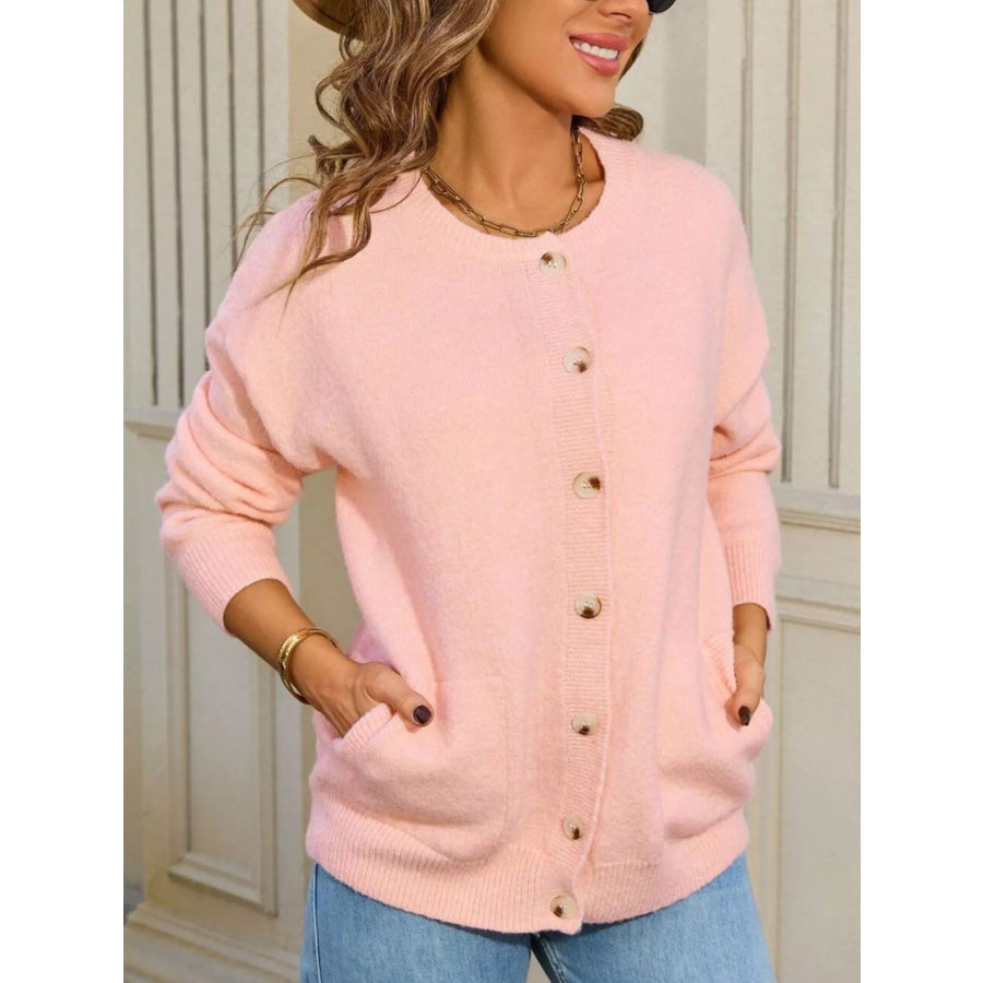 Casual Button-Down Knit Cardigan Pink / S Apparel and Accessories