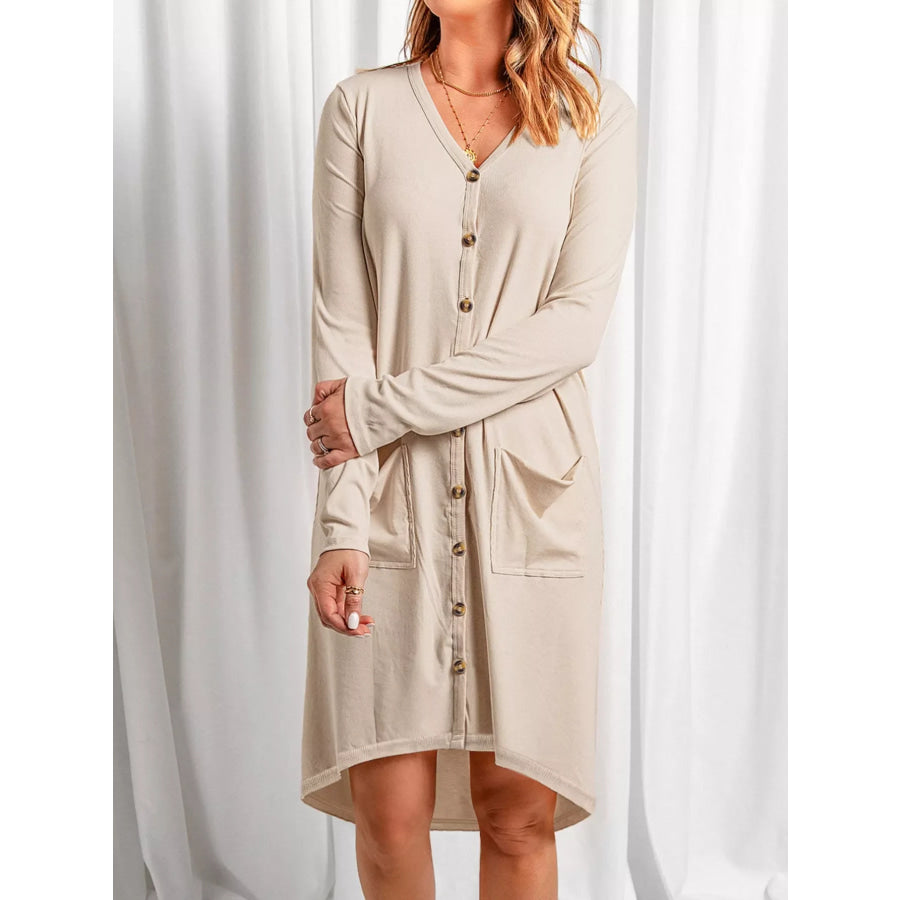 Casual Button-Down Long Sleeve Pocket Dress Cream / S Apparel and Accessories