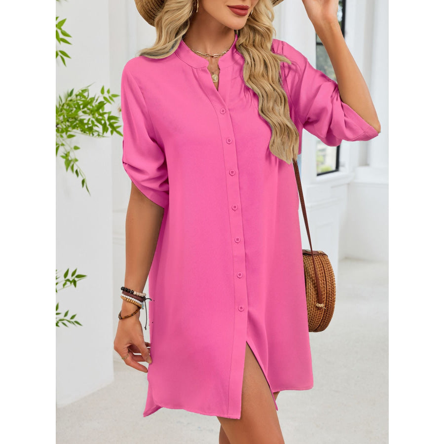 Casual Button-Down Shirt Dress Fuchsia Pink / S Apparel and Accessories