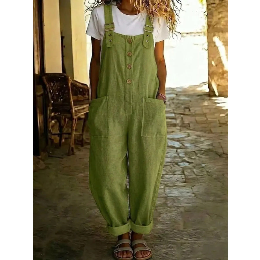 Casual Button Front Wide Leg Overalls Army Green / S Apparel and Accessories