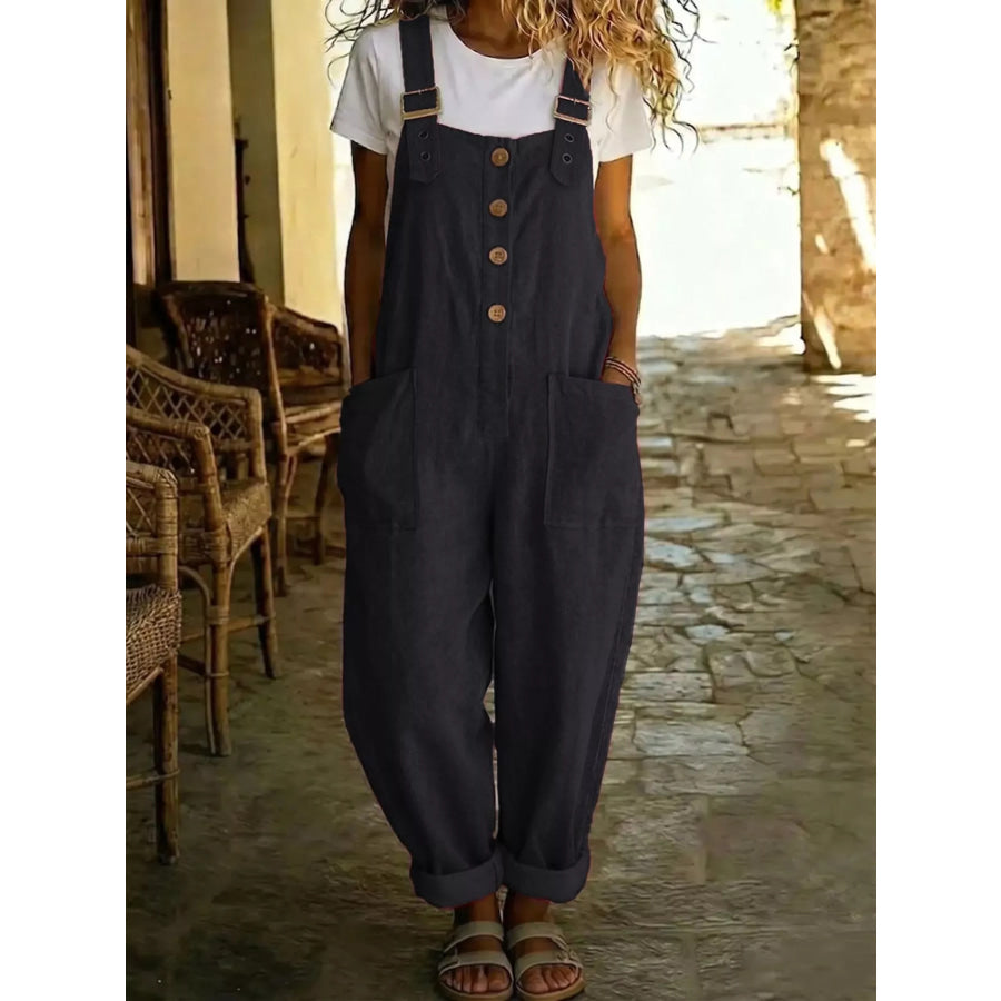 Casual Button Front Wide Leg Overalls Black / S Apparel and Accessories