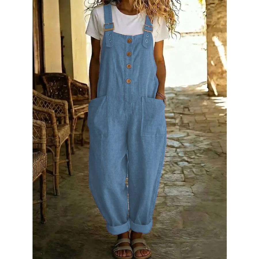 Casual Button Front Wide Leg Overalls Blue / S Apparel and Accessories