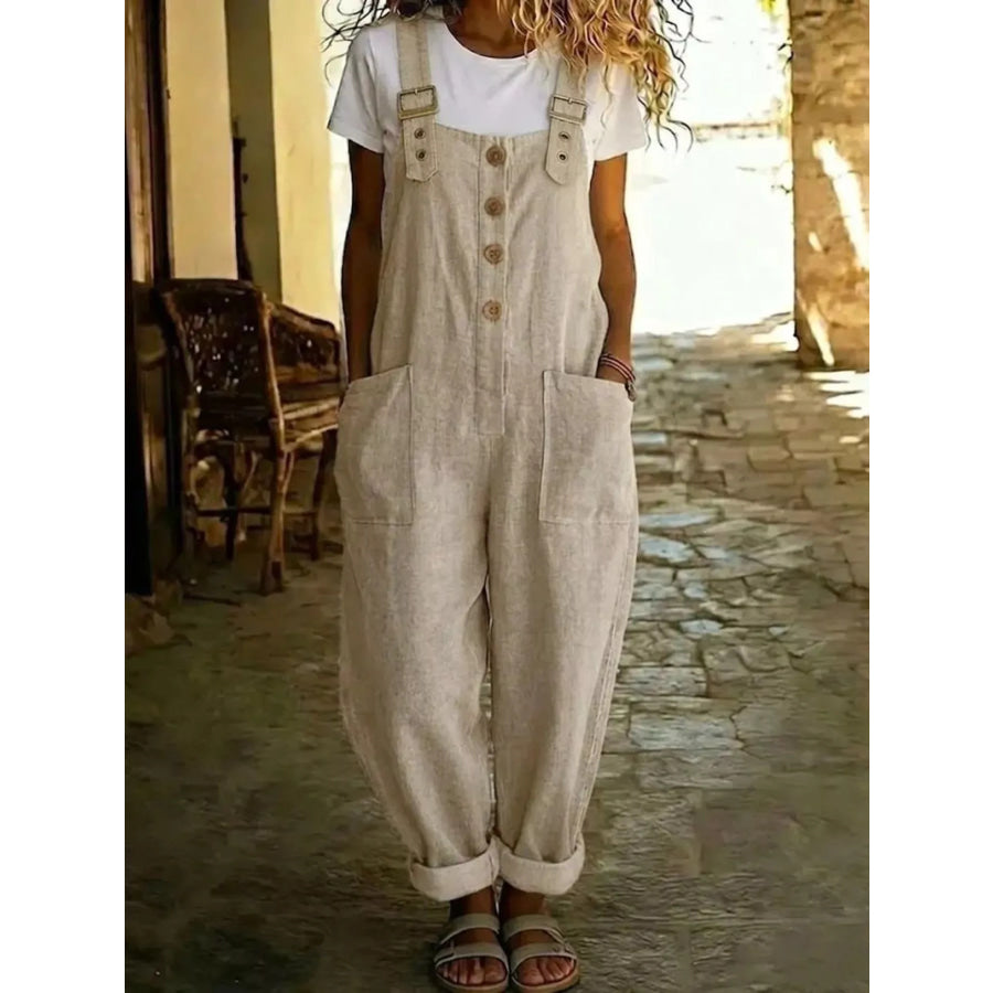 Casual Button Front Wide Leg Overalls Orange-red / S Apparel and Accessories