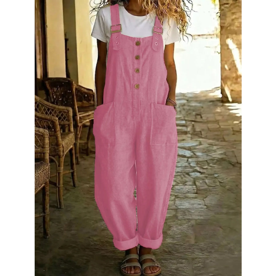 Casual Button Front Wide Leg Overalls Pink / S Apparel and Accessories