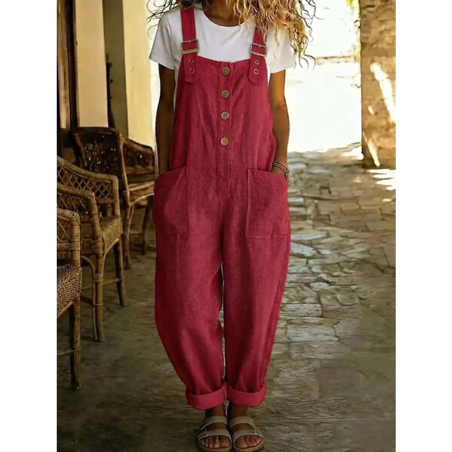 Casual Button Front Wide Leg Overalls Red / S Apparel and Accessories